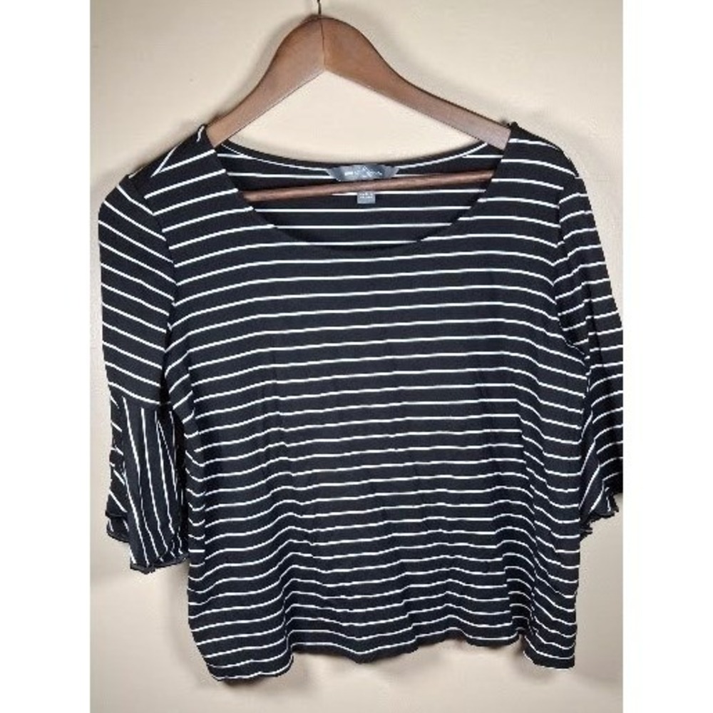 Market & Spruce Black White Striped Bell Sleeve Scoop Neck Knit Top Large